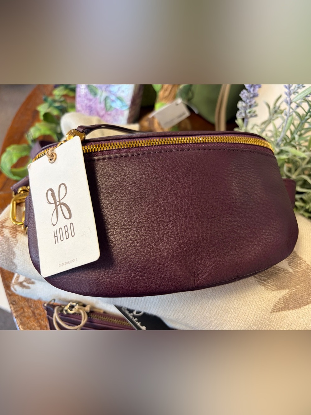 HOBO Deep Plum Pebbled Leather Fern Belt Bag with Gold Zipper